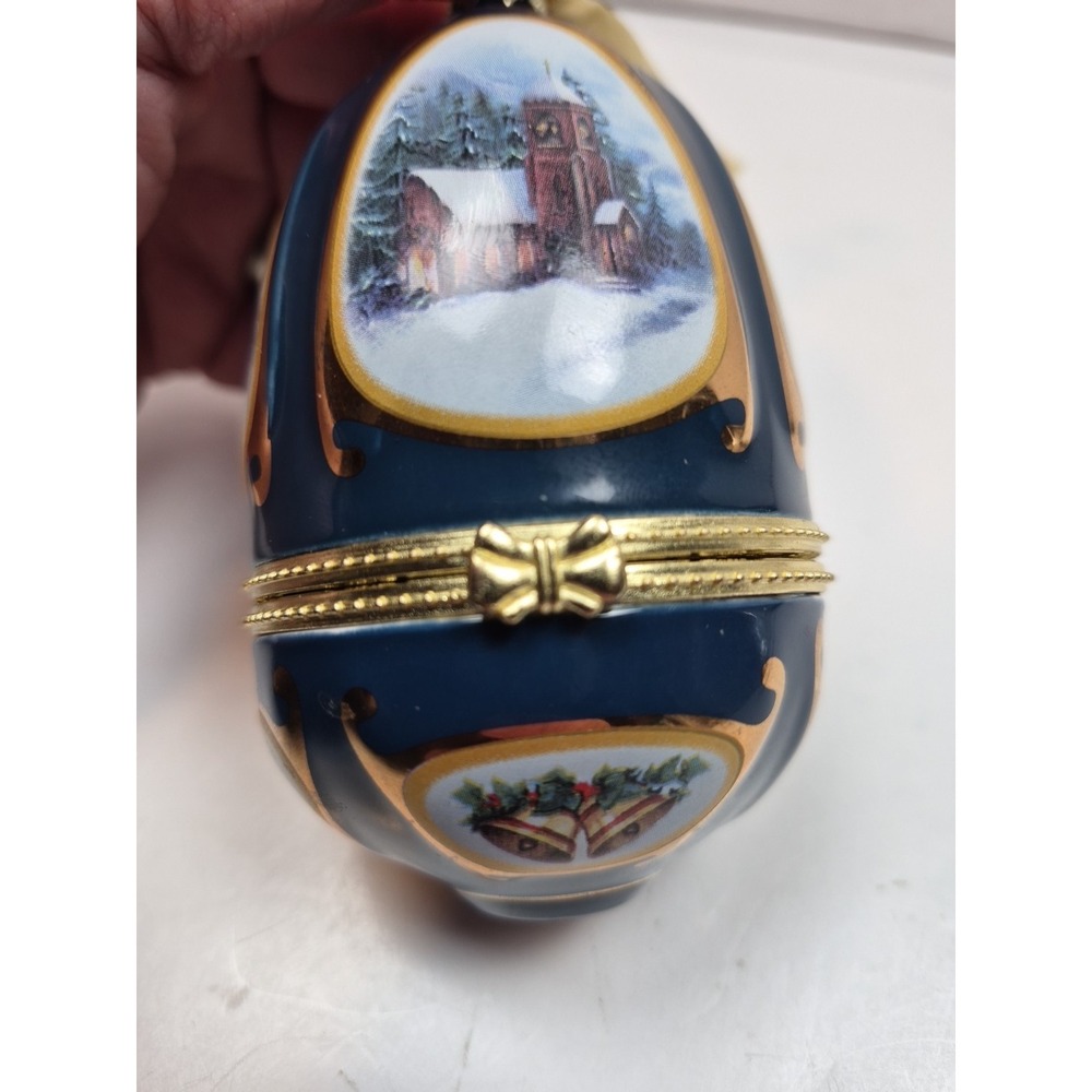 Arden Porcelain Hinged Egg Ornament Cobalt Blue Winter Village Scene Trinket Box - Picture 3 of 10